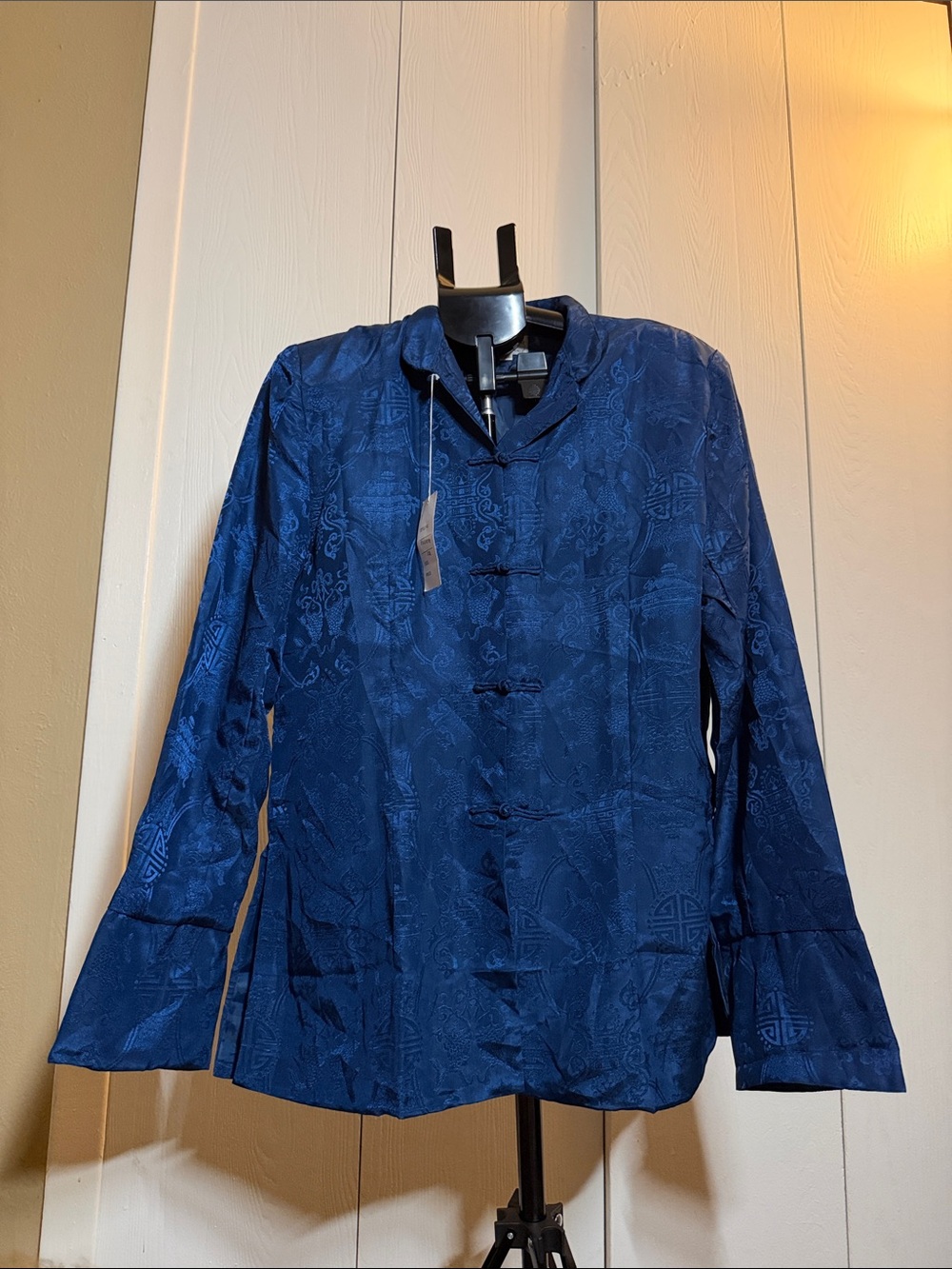 Women's Dark Blue Mandarin Collar Button-Down Jacquard Shirt